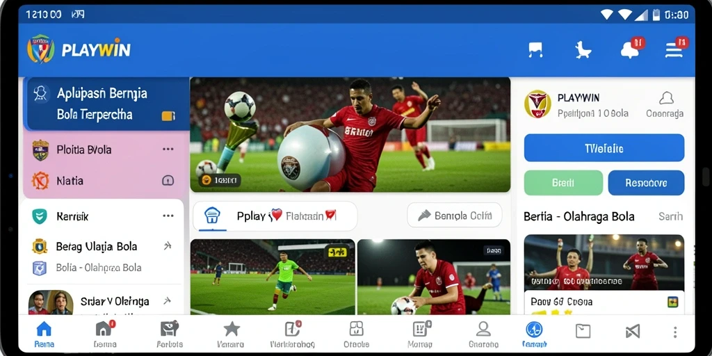Antarmuka aplikasi PLAYWIN menampilkan berita olahraga bola terbaru.